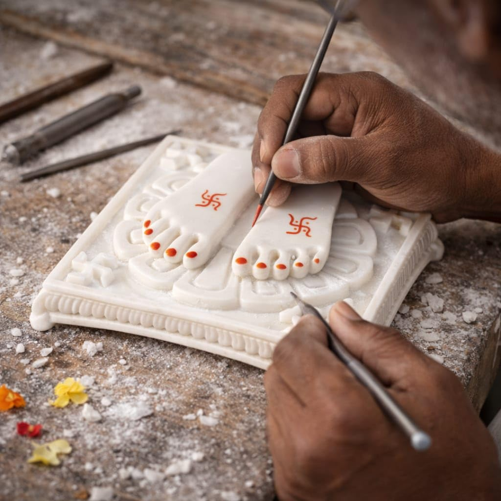 Baba Charan Paduka – White Glossy Marble Finish (6 x 6 Inch)