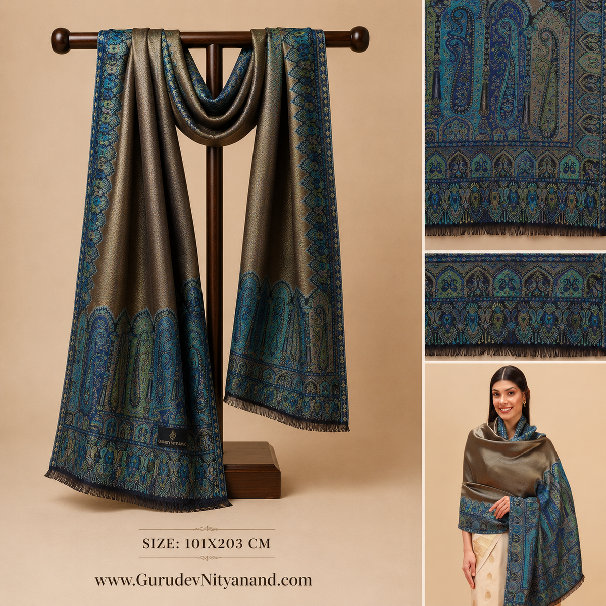 Women Zarvash Zari Kaani Fine Wool Shawl (Size: 101X203 CM)