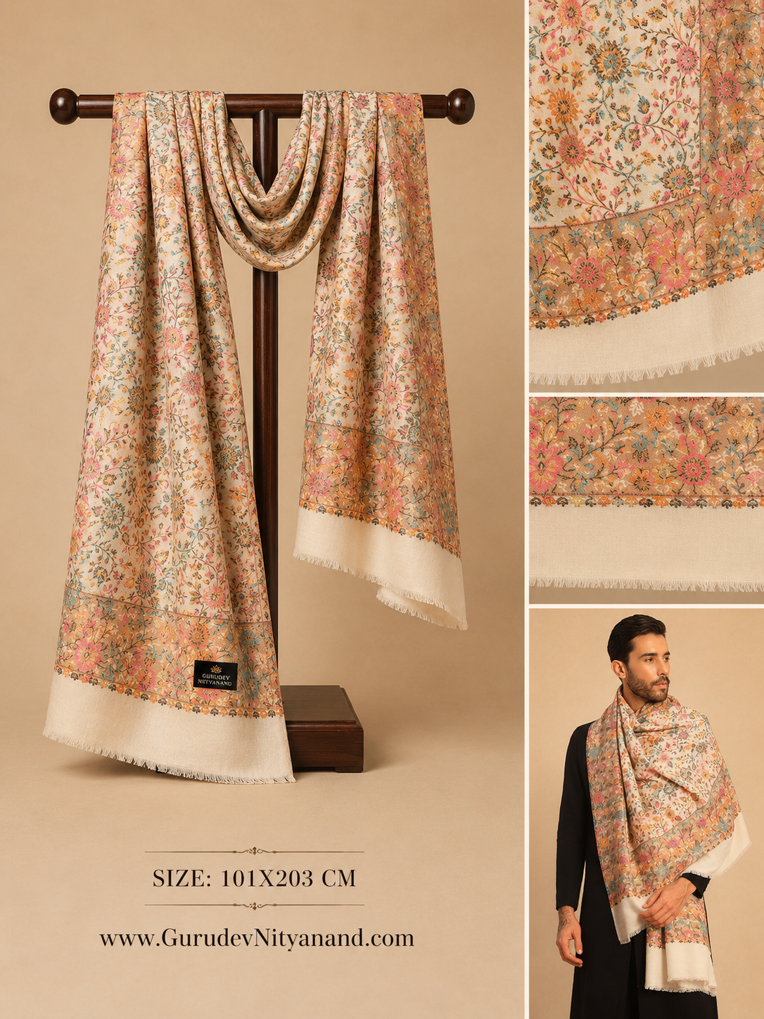 Men Meher Kaani Wool Blend Kashmiri Shawl (Size: 101X203 CM)