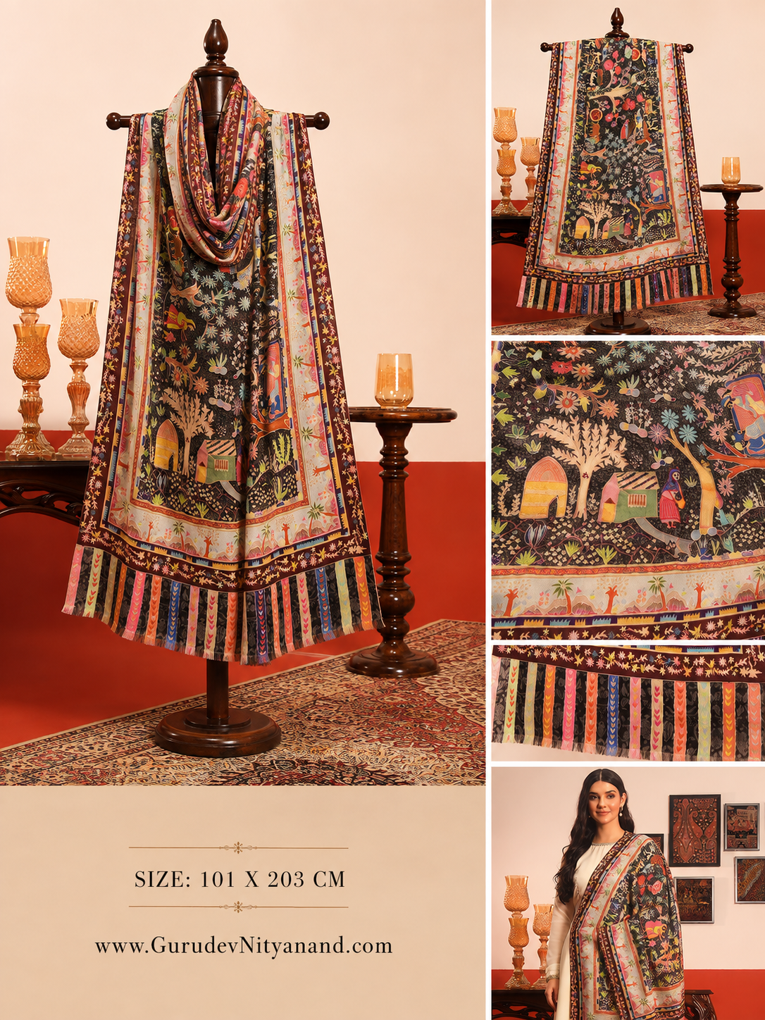 Women Naqshkaar Fabric Kalamkari Embroidered Shawl (Size: 101x203 CM)