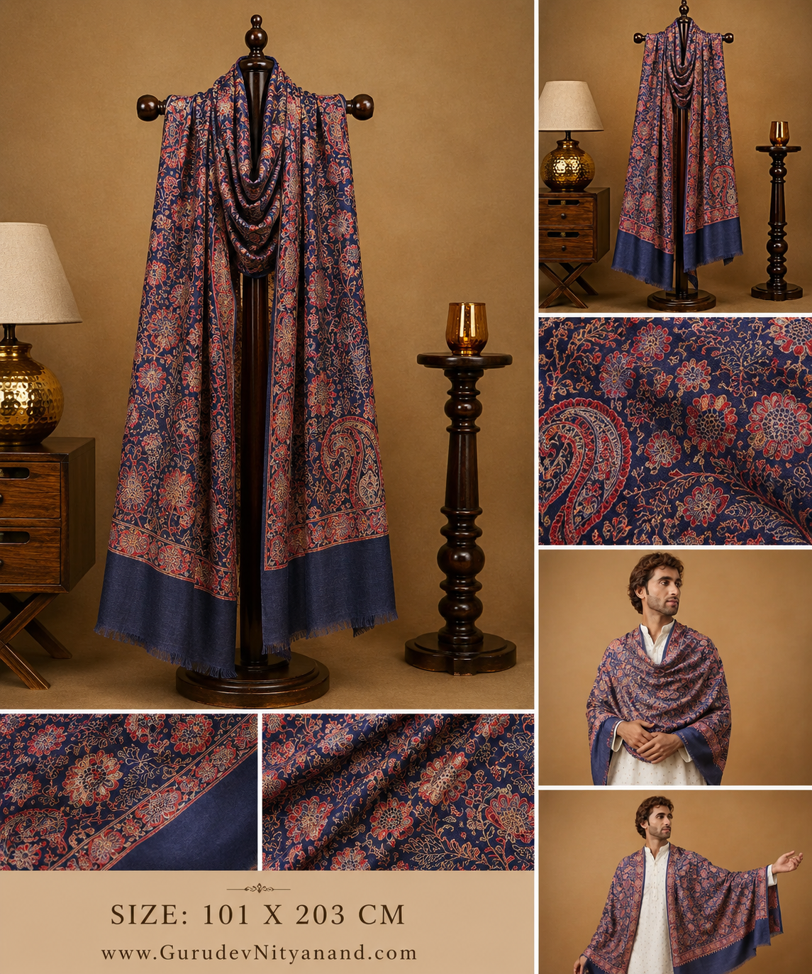 Men 100% Pure Wool Fabric Sozni Embroidered Stole (Size: 71x203 Cm)