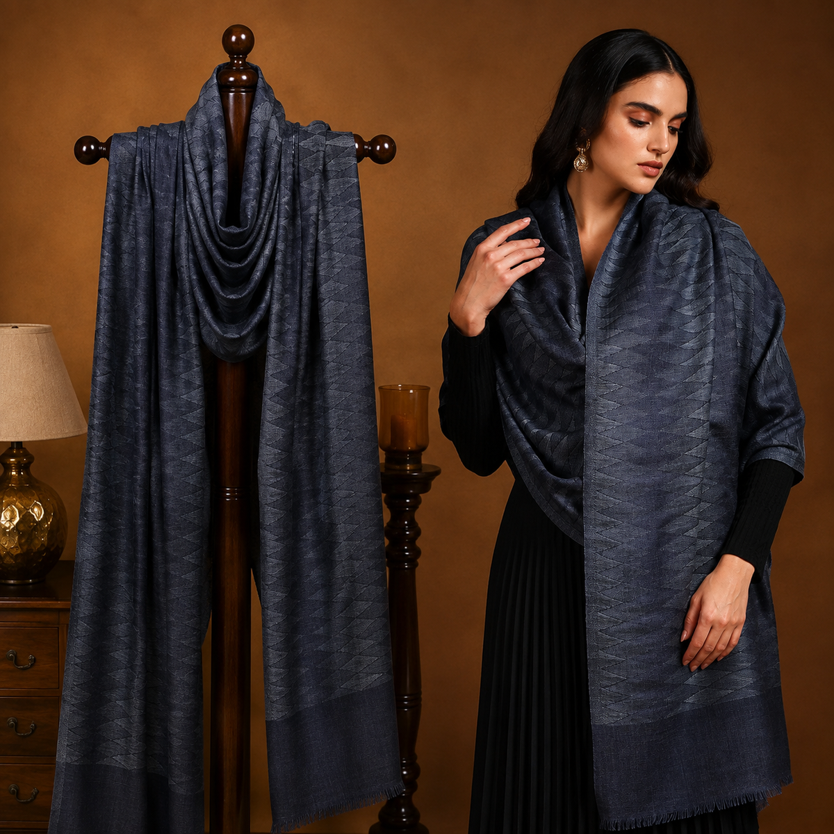 Women 100% Pure Wool Ikat Checkered Stole, Sustainable and Natural Fabric (Size 71x203 CM)