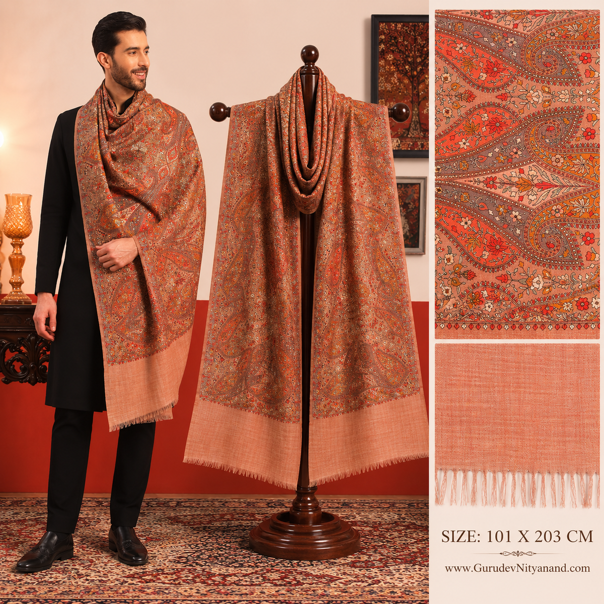 Men Mahnoor 100% Pure Wool Sozni Hand Embroidered Shawl (Size: 101x203 CM)
