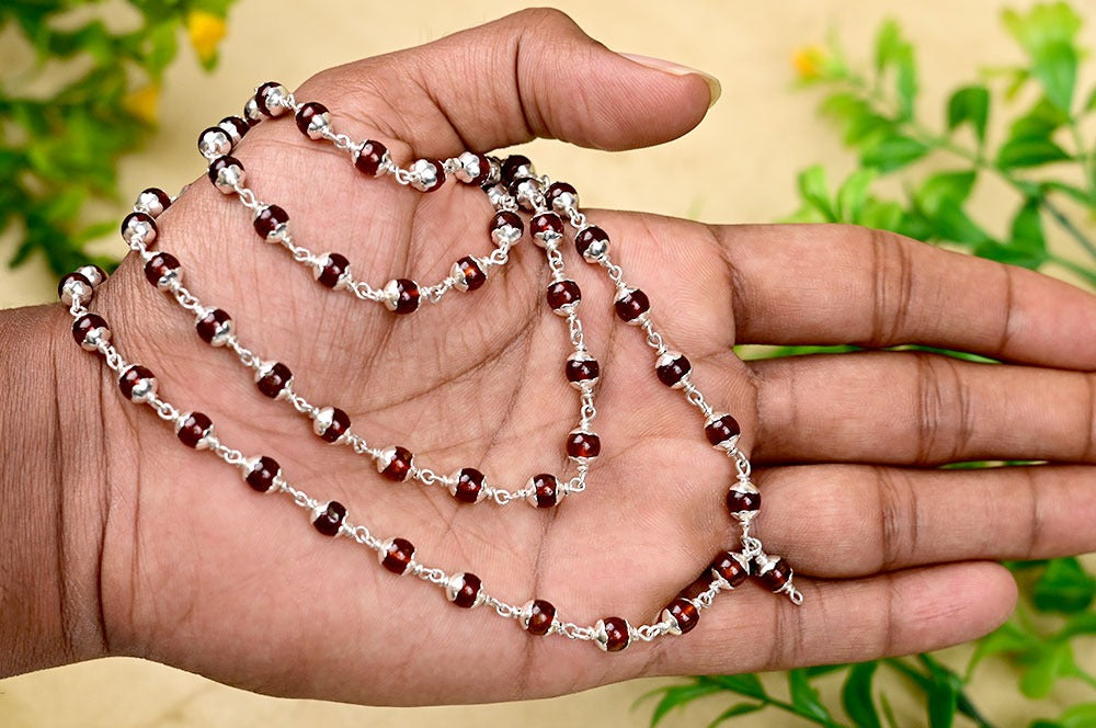 Gomed Round Mala in Silver 51+1 Beads 8mm