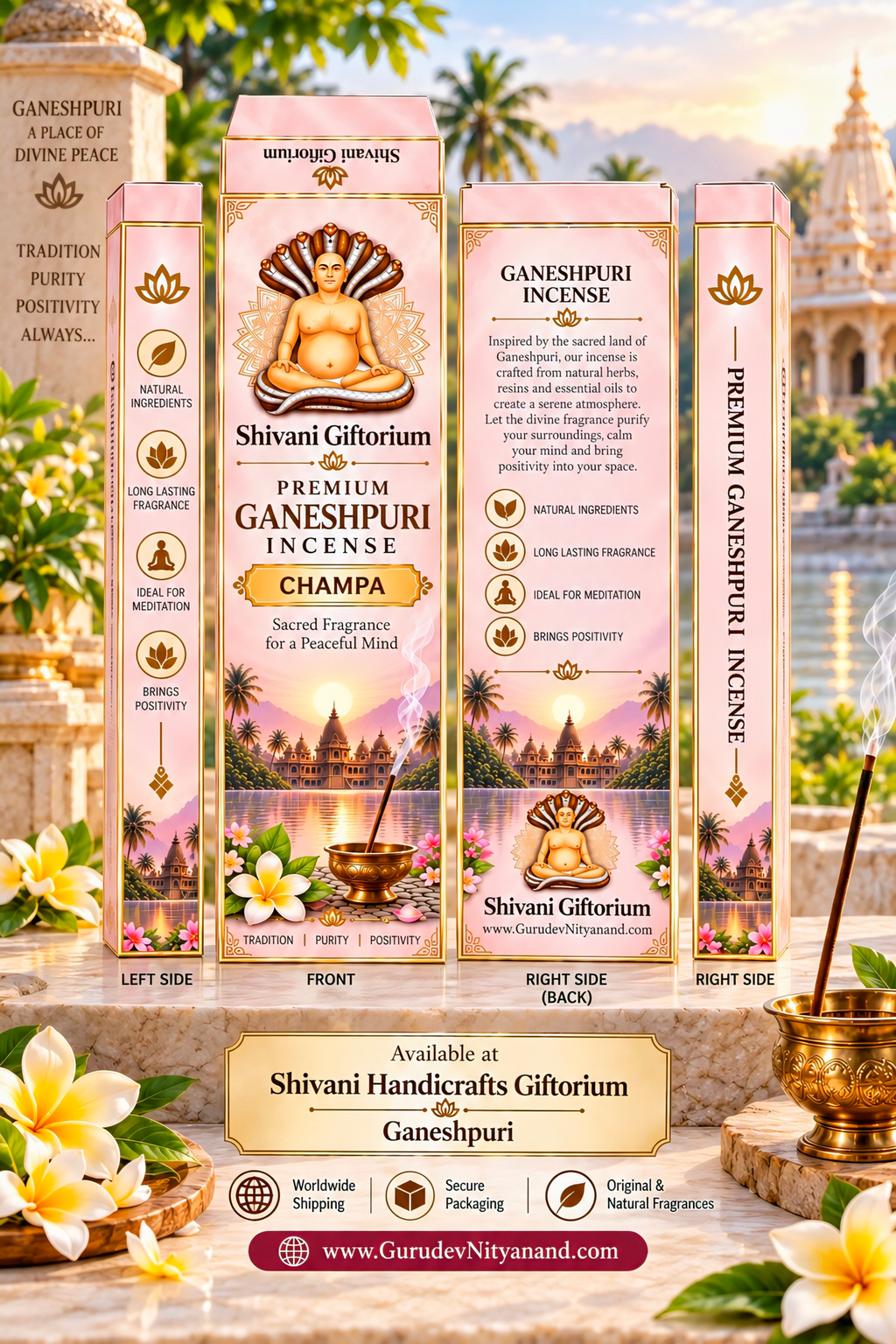 Premium Ganeshpuri Incense Sticks – 6 Fragrance Gift Set | Sandalwood, Champa, Lavender, Rose, Loban & 3-in-1 Harmony | Pack of 6 (600g)