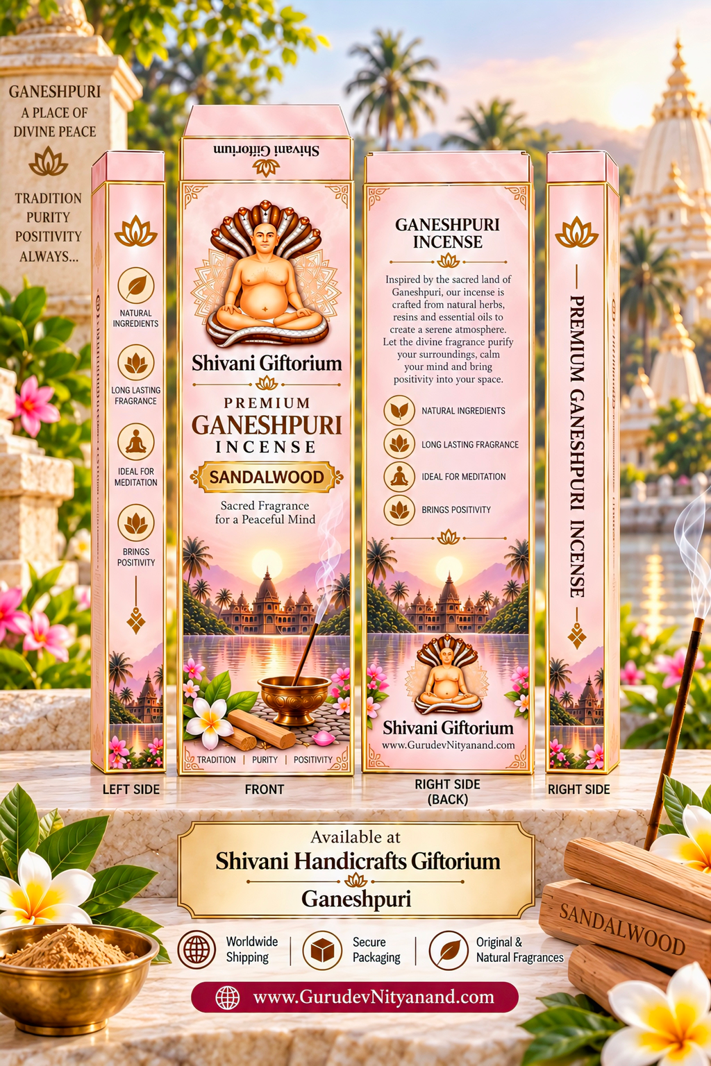 Premium Ganeshpuri Sandalwood Incense Sticks – Natural Woody Fragrance | Hand-Rolled Agarbatti | Pack of 12 (1200g)