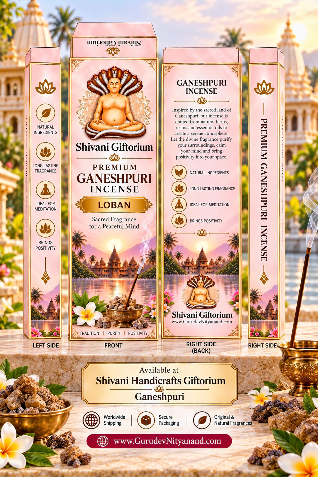 Premium Ganeshpuri Incense Sticks – 6 Fragrance Gift Set | Sandalwood, Champa, Lavender, Rose, Loban & 3-in-1 Harmony | Pack of 6 (600g)