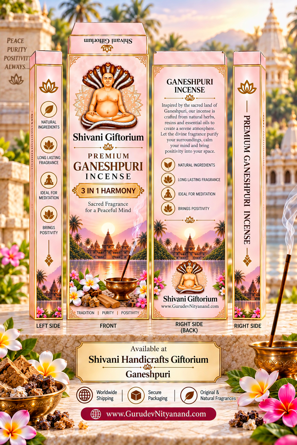 Premium Ganeshpuri 3-in-1 Harmony Floral Incense Sticks – Hand-Rolled Agarbatti | Pack of 12 (1200g)