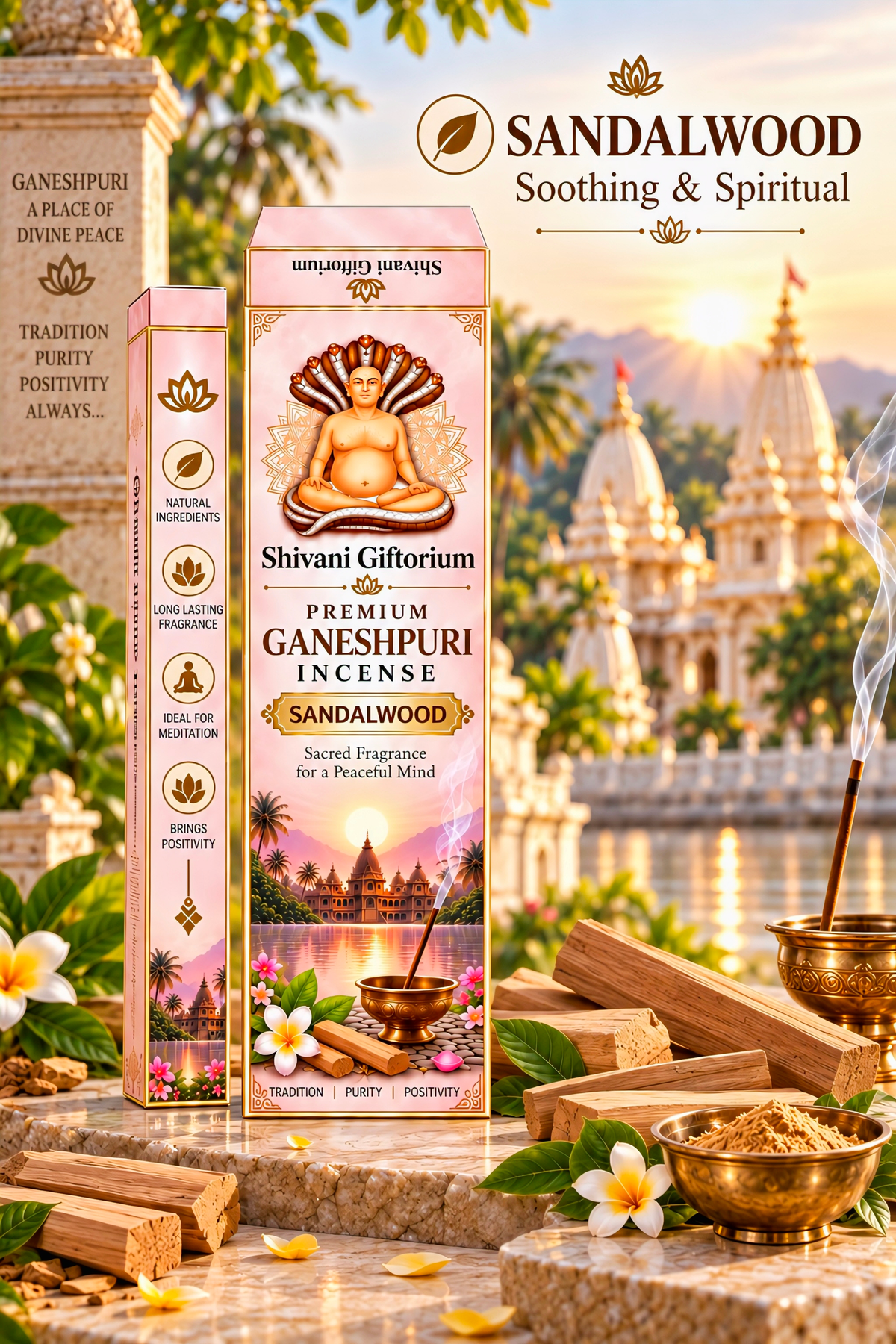 Premium Ganeshpuri Sandalwood Incense Sticks – Natural Woody Fragrance | Hand-Rolled Agarbatti | Pack of 12 (1200g)