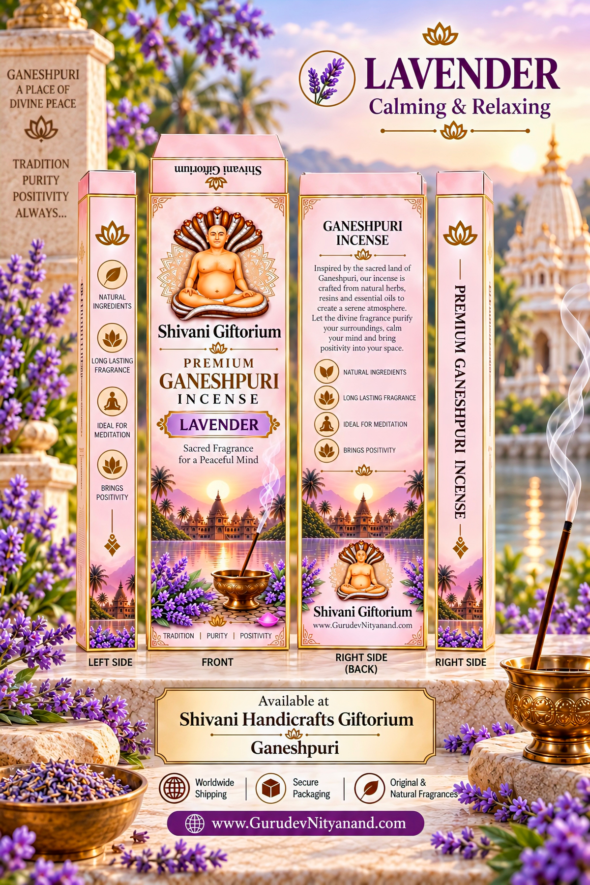 Premium Ganeshpuri Lavender Incense Sticks – Natural Floral Fragrance | Hand-Rolled Agarbatti | Pack of 12 (1200g)