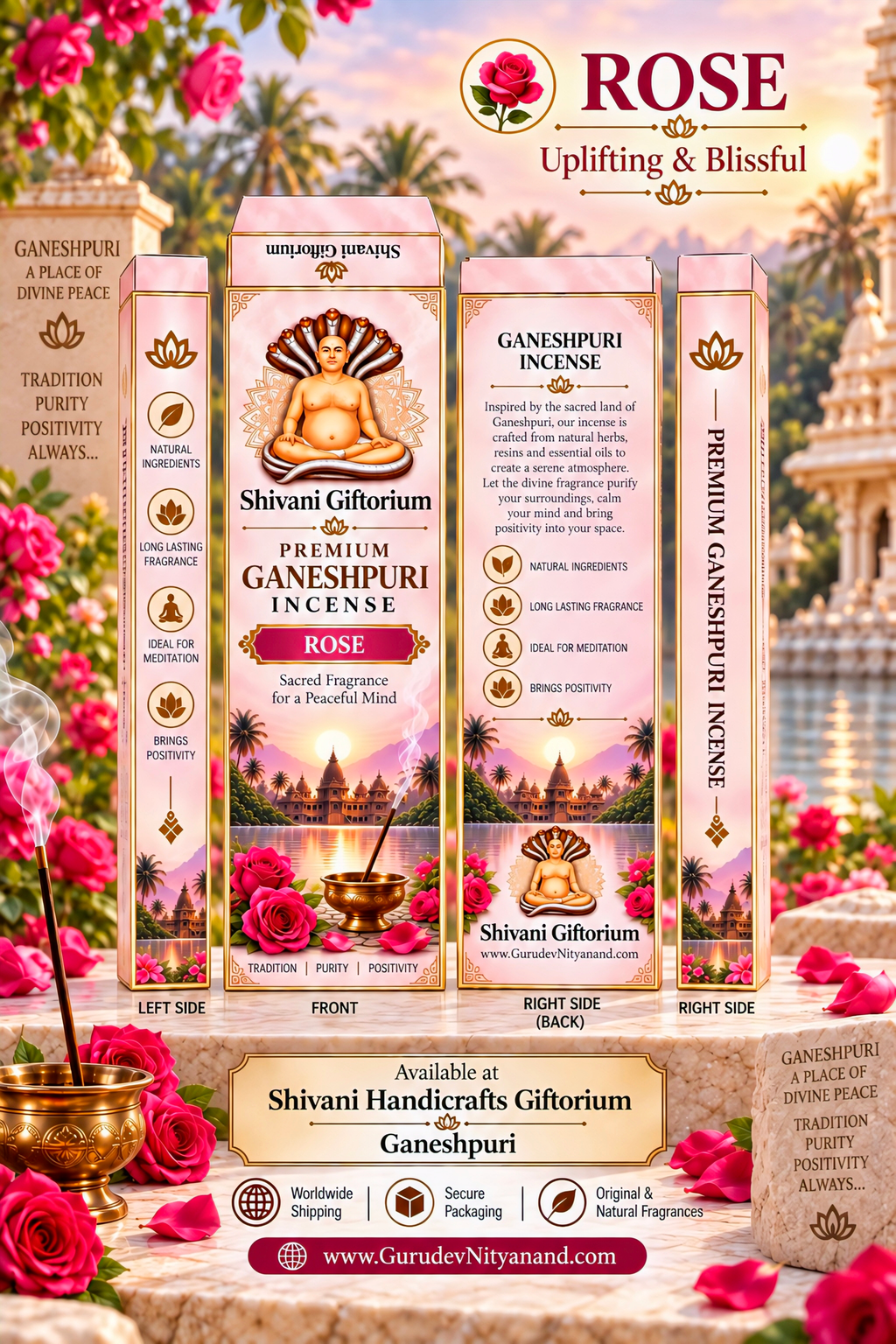 Premium Ganeshpuri Rose Incense Sticks – Natural Floral Fragrance | Hand-Rolled Agarbatti | Pack of 12 (1200g)