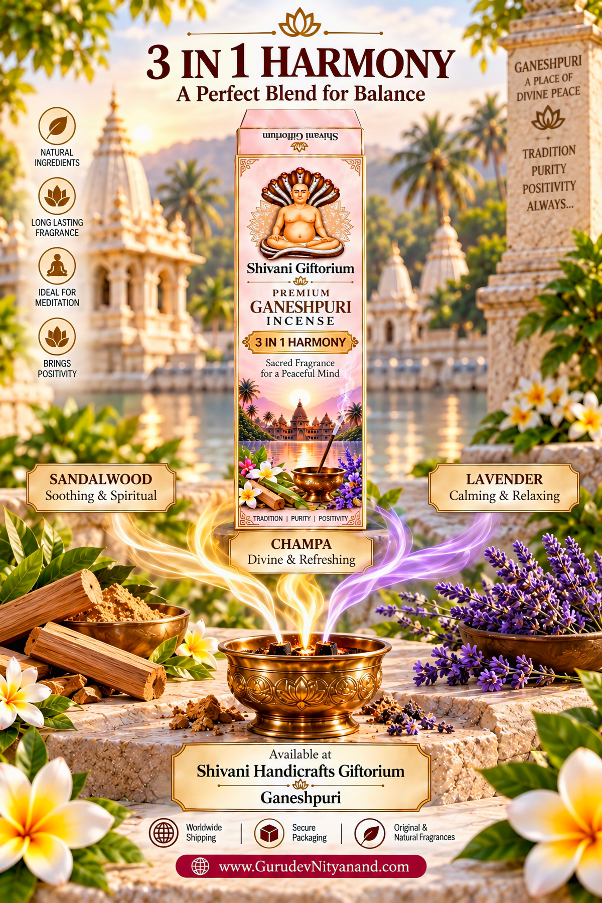 Premium Ganeshpuri Incense Sticks – 6 Fragrance Variety Pack | Sandalwood, Champa, Lavender, Rose, Loban & 3-in-1 Harmony | Pack of 12 (1200g