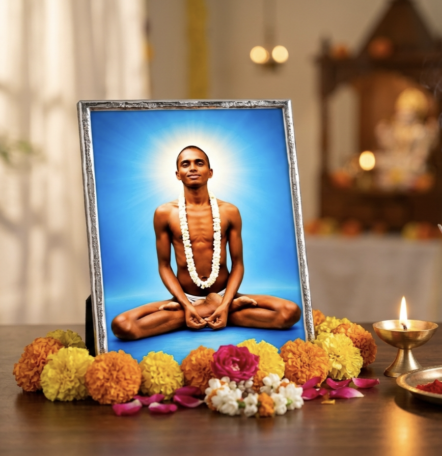 Young Bhagwan Nityanand Silver Photo Frame – 20 × 25 cm | Divine Spiritual Artwork