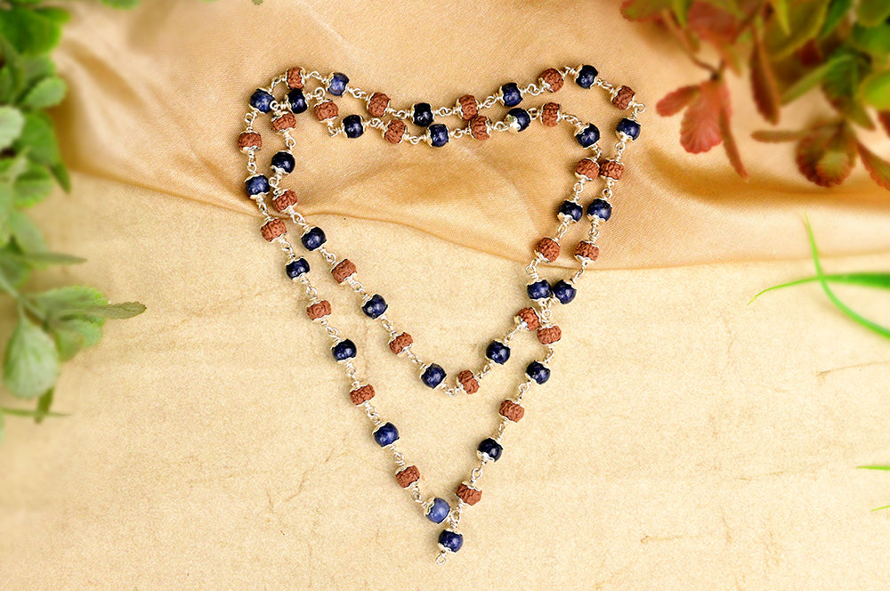 Rudraksha & Blue Sapphire Silver Flower Caps
Mala
