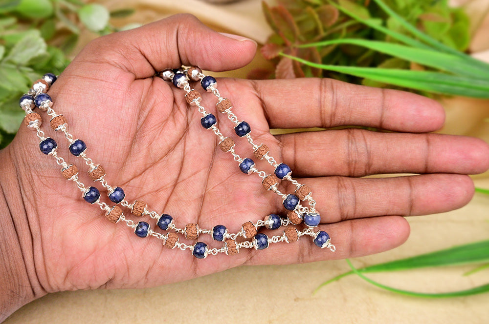 Rudraksha & Blue Sapphire Silver Flower Caps
Mala