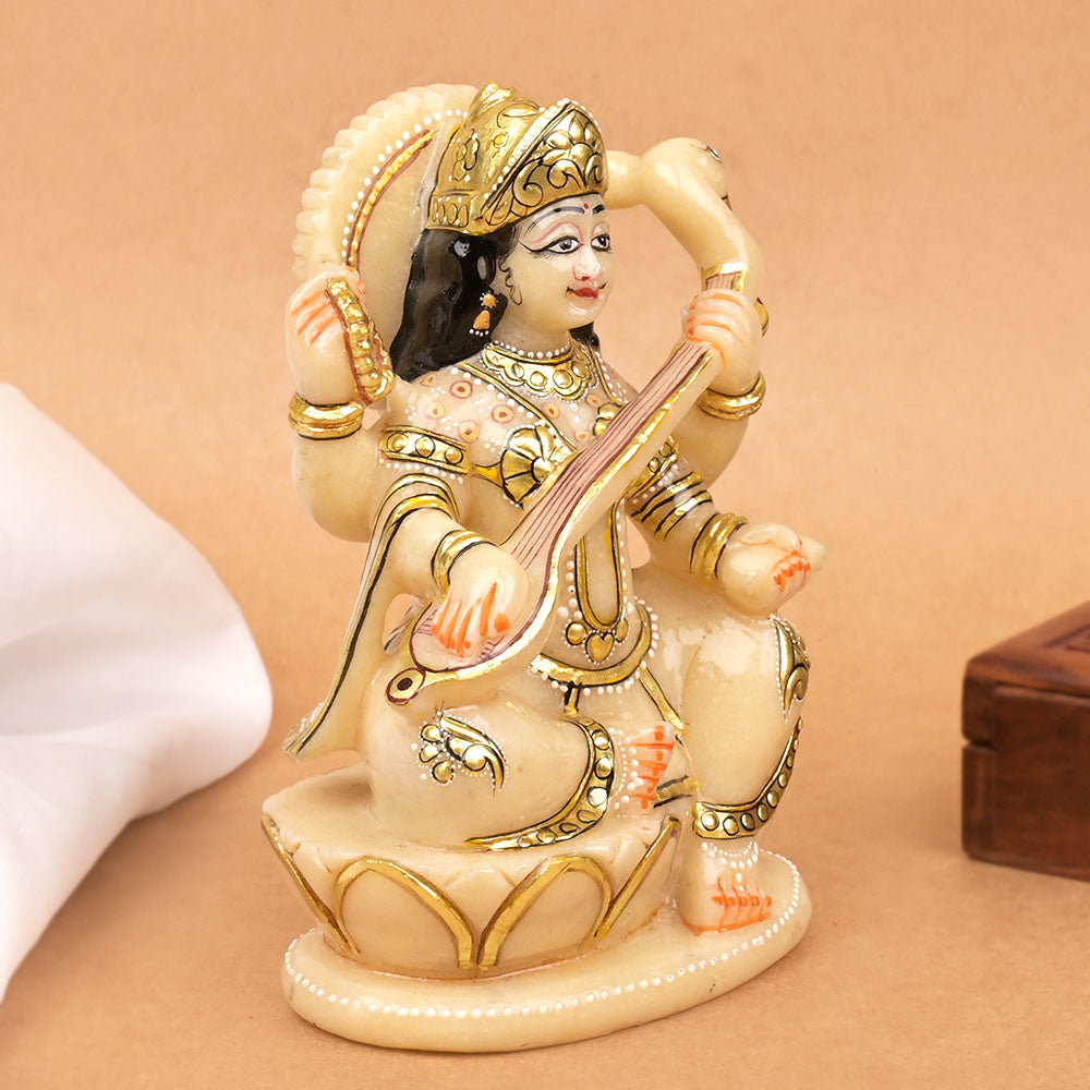Saraswati ldol in Ivory Yellow Jade Stone - 810 gms
