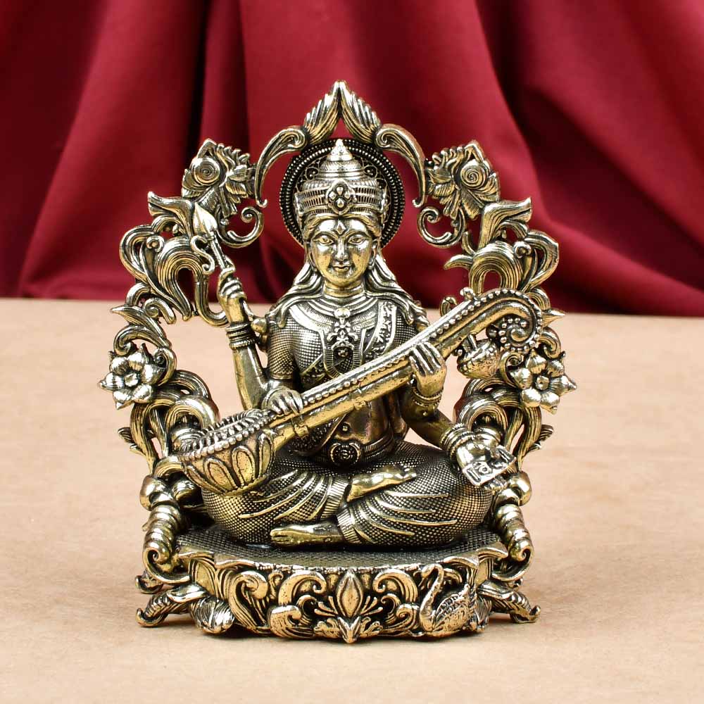 Goddess Saraswati with Floral Frame Ashtadhatu ldol