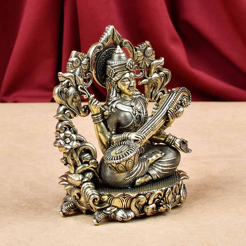 Goddess Saraswati with Floral Frame Ashtadhatu ldol