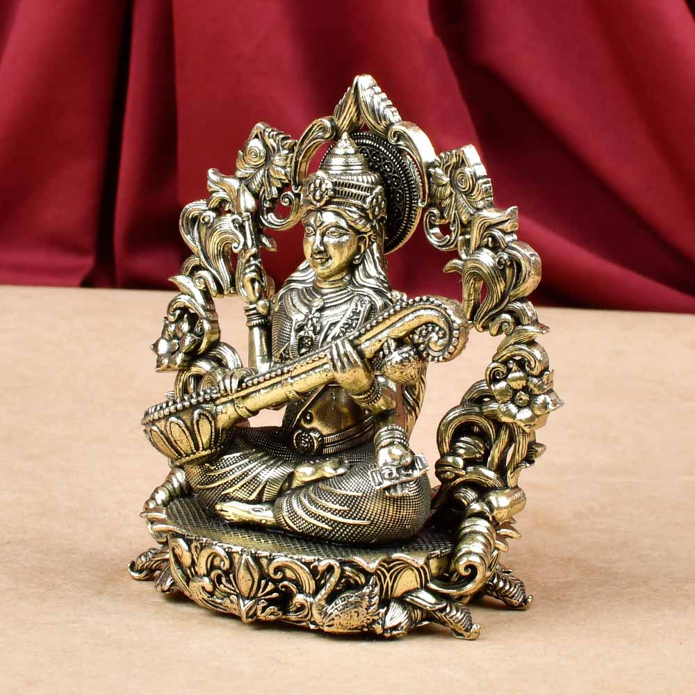 Goddess Saraswati with Floral Frame Ashtadhatu ldol