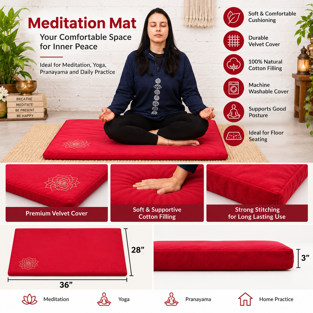 Meditation Mat - Cotton Filled Yoga and Meditation Pad | Meditation Cushion for Kneeling and Sitting Support | Large Rectangular Sitting Floor Pillow |Red |