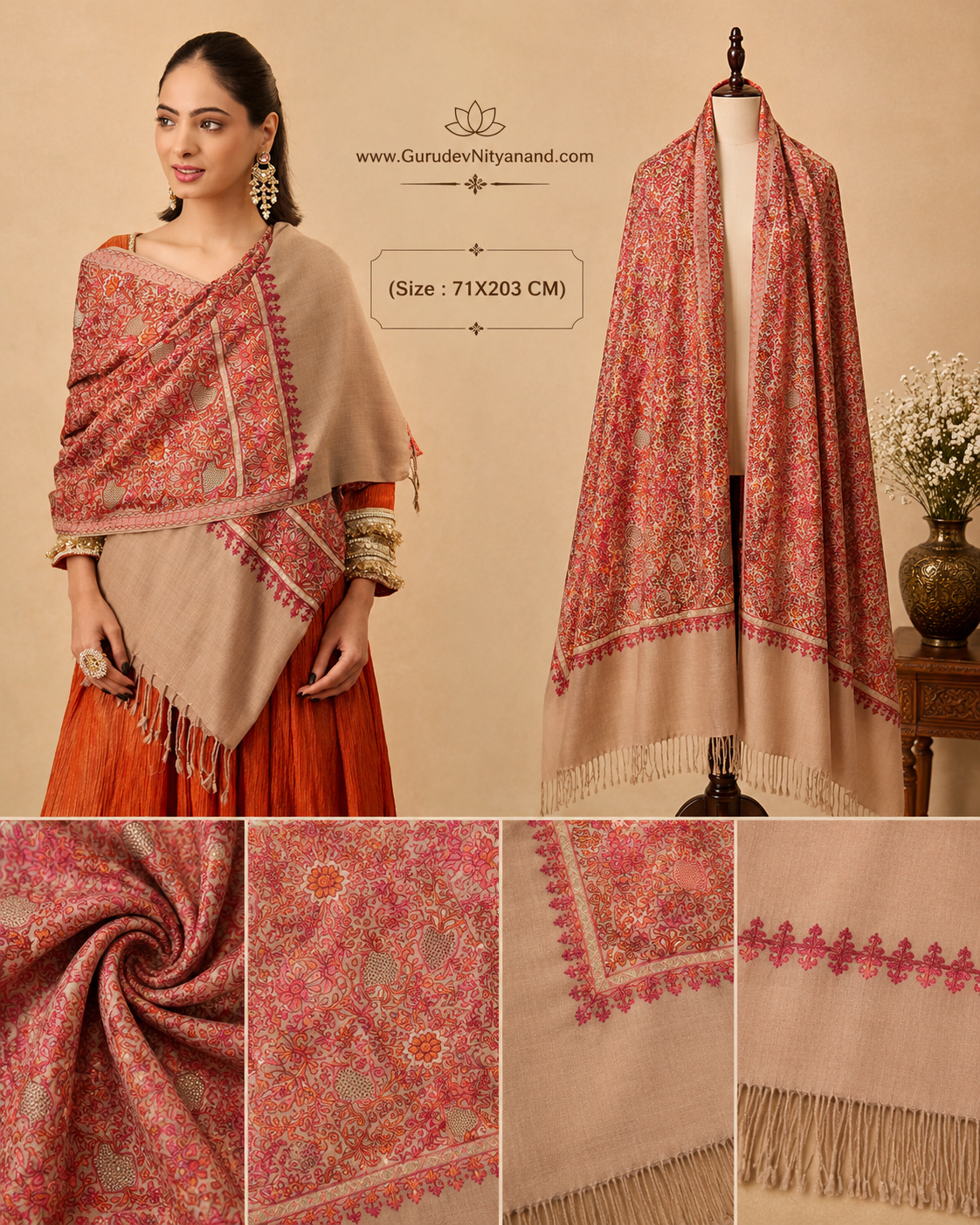 Women Hunar Fine Wool Nalki Embroidered Stole (Size : 71X203 CM)