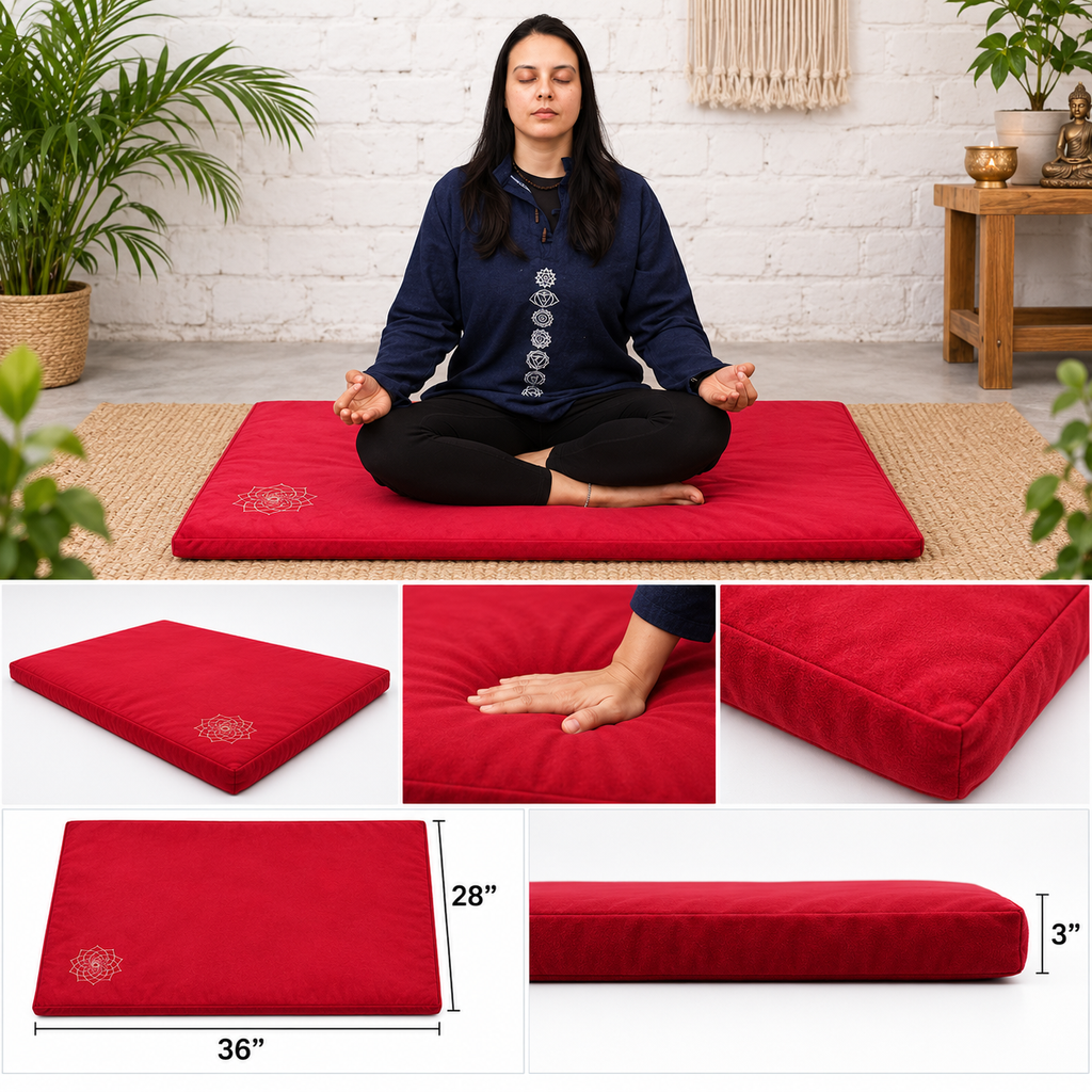 Meditation Mat - Cotton Filled Yoga and Meditation Pad | Meditation Cushion for Kneeling and Sitting Support | Large Rectangular Sitting Floor Pillow |Red |