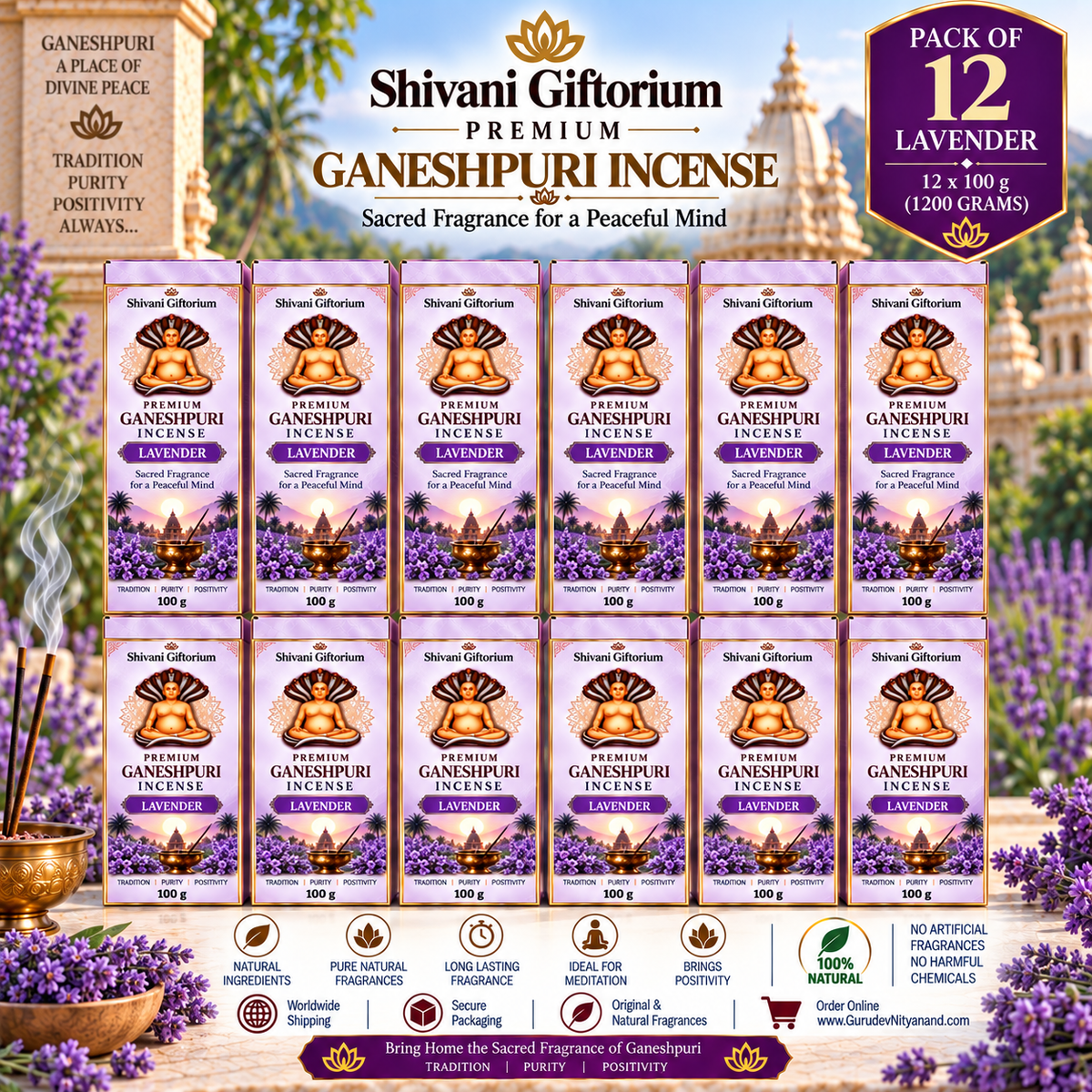 Premium Ganeshpuri Lavender Incense Sticks – Natural Floral Fragrance | Hand-Rolled Agarbatti | Pack of 12 (1200g)