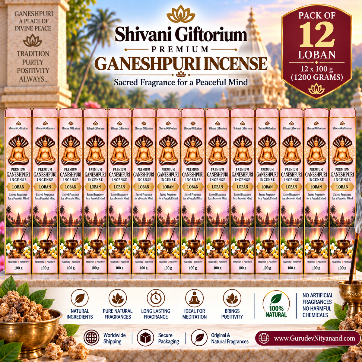 Premium Ganeshpuri Loban Incense Sticks – Natural Fragrance | Hand-Rolled Agarbatti | Pack of 12 (1200g)