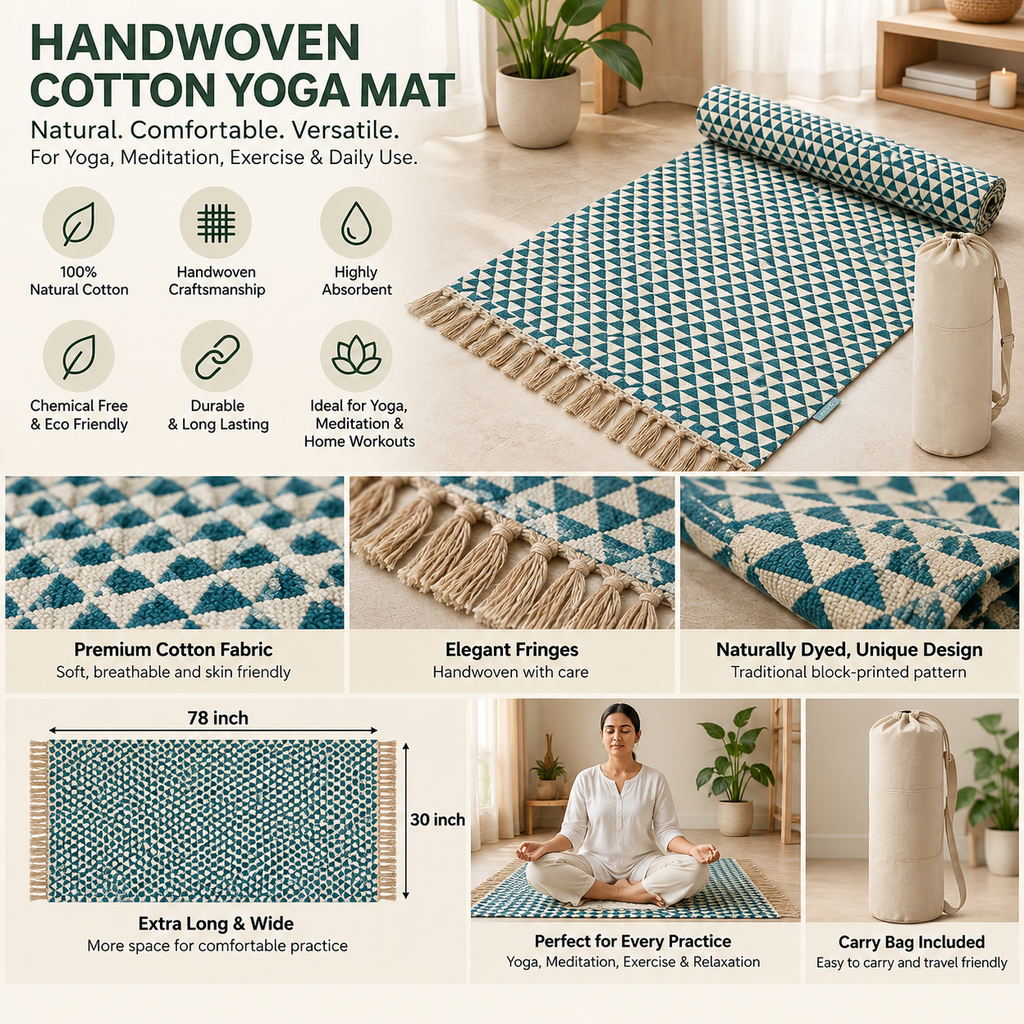 Handwoven Cotton Yoga Mat – Block-Printed Natural-Dyed Pattern | Natural Cotton Yoga Rug for Yoga, Meditation & Exercise, Breathable & Durable