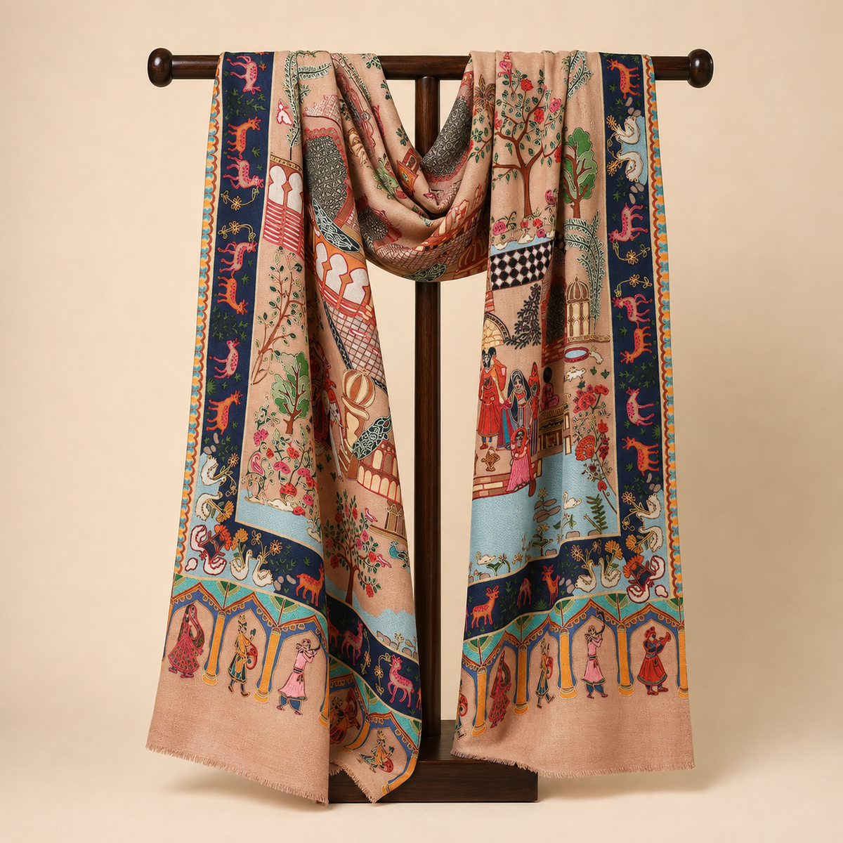 Men & Women Mughal Bagh 100% Pure Wool Fabric Kalamkari Embroidered Shawl (Size: 101x203cm)