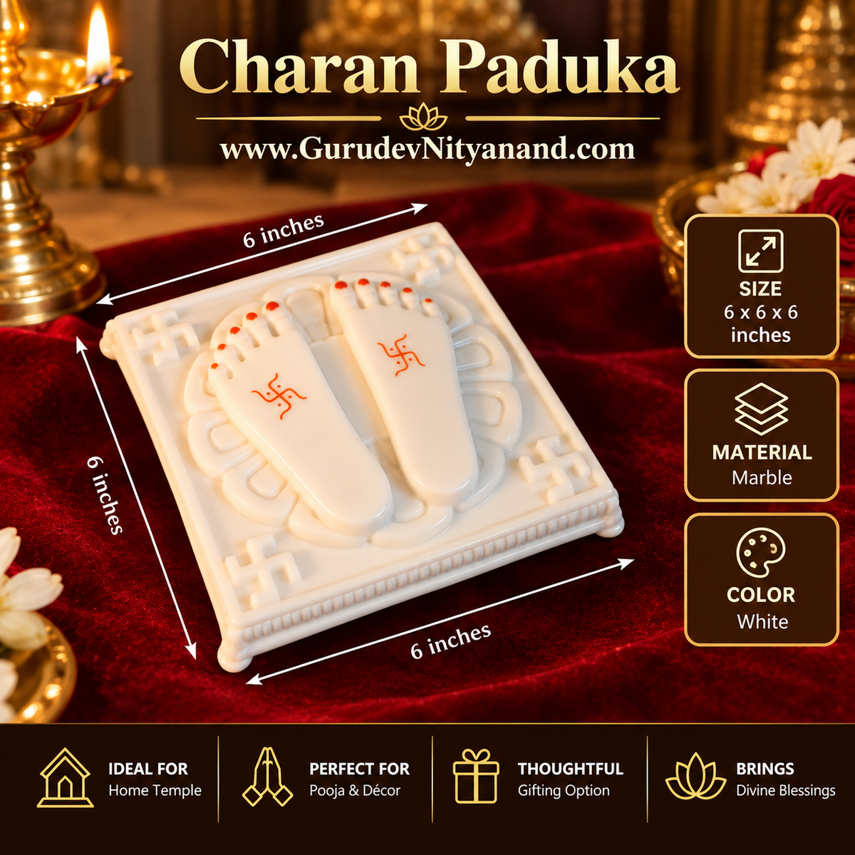 Baba Charan Paduka – White Glossy Marble Finish (6 x 6 Inch)