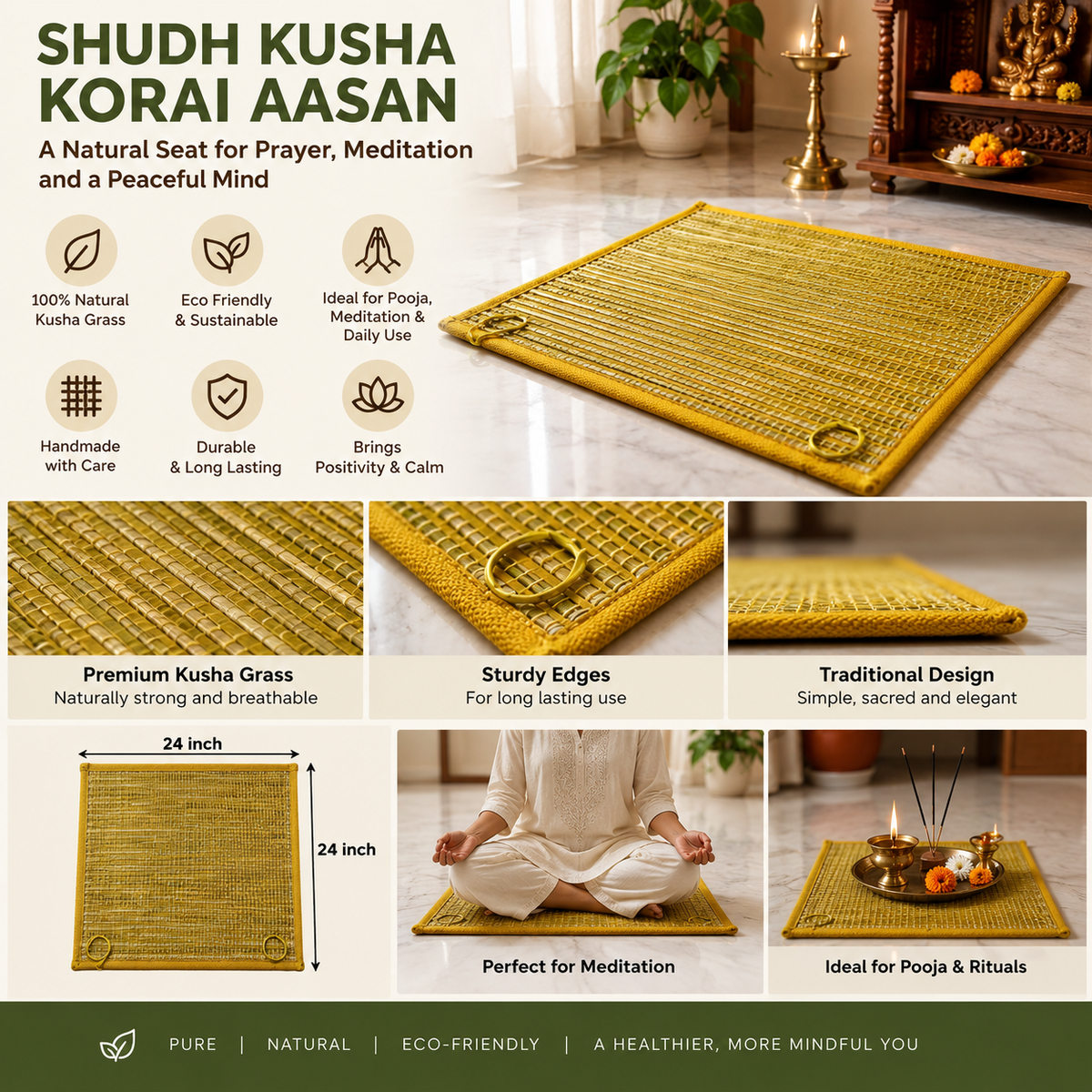 Shudh Kusha Korai Aasan | Handmade Eco Friendly Prayer & Meditation Mat | Natural Darbha Grass Pooja Sitting Aasan for Mandir, Rituals & Daily Use (24x24 Inch)