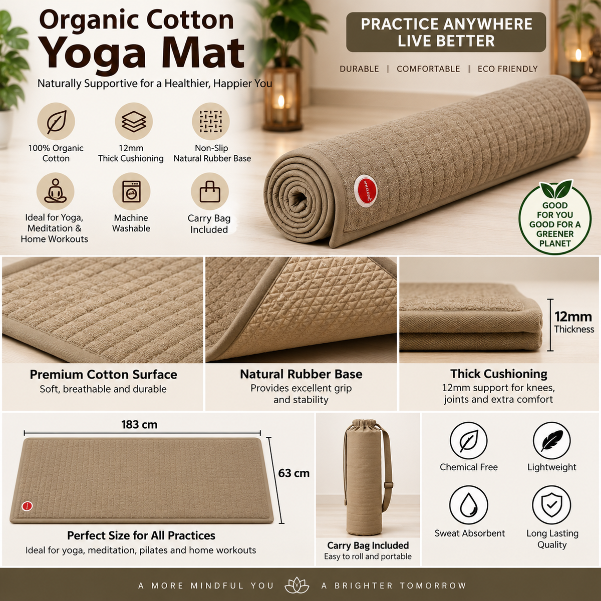 Organic Cotton Yoga Mat for Women & Men | 12mm Thick Non-Slip Exercise Mat for Home Workout, Hot Yoga & Meditation | Free Carry Bag & Hand Towel, Machine Washable (Beige)