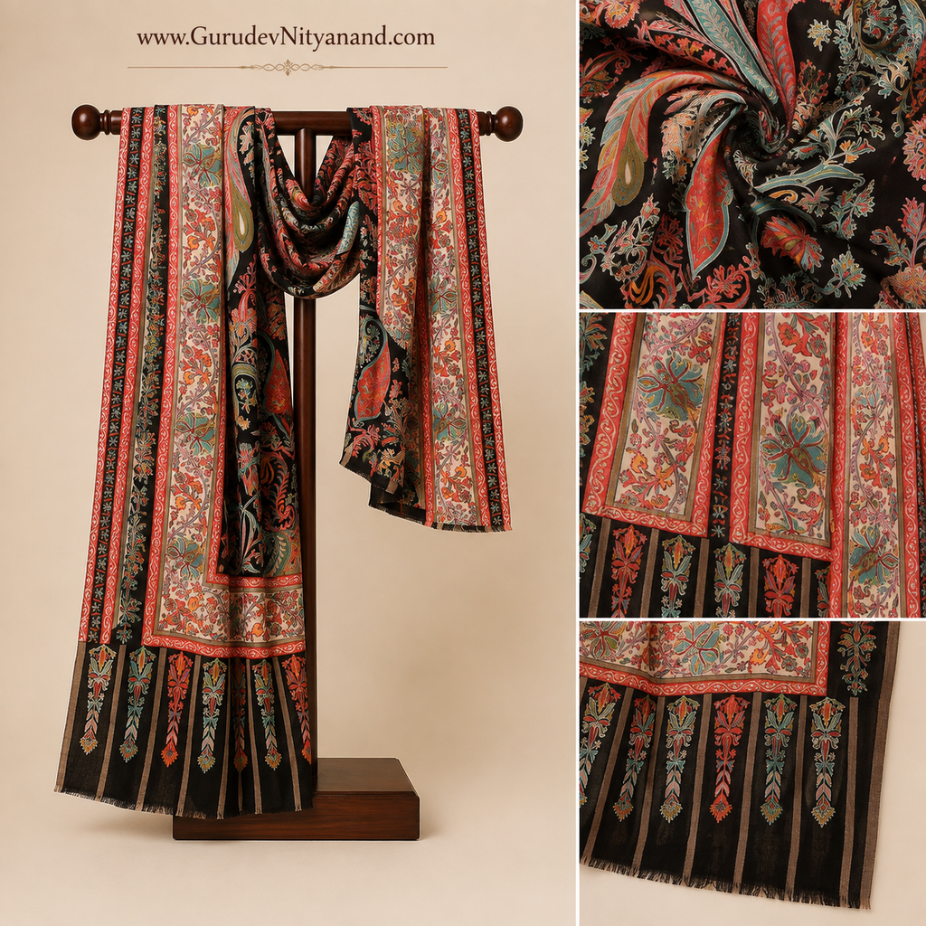 Men & Women Rangkalam 100% Pure Wool Fabric Kalamkari Embroidered Shawl (Size: 101x203 CM)
