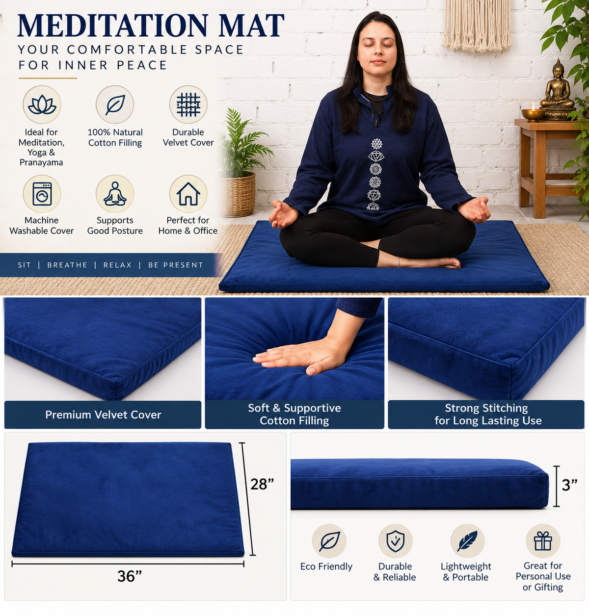 Meditation Mat - Cotton Filled Yoga and Meditation Pad | Meditation Cushion for Kneeling and Sitting Support | Large Rectangular Sitting Floor Pillow |Blue |