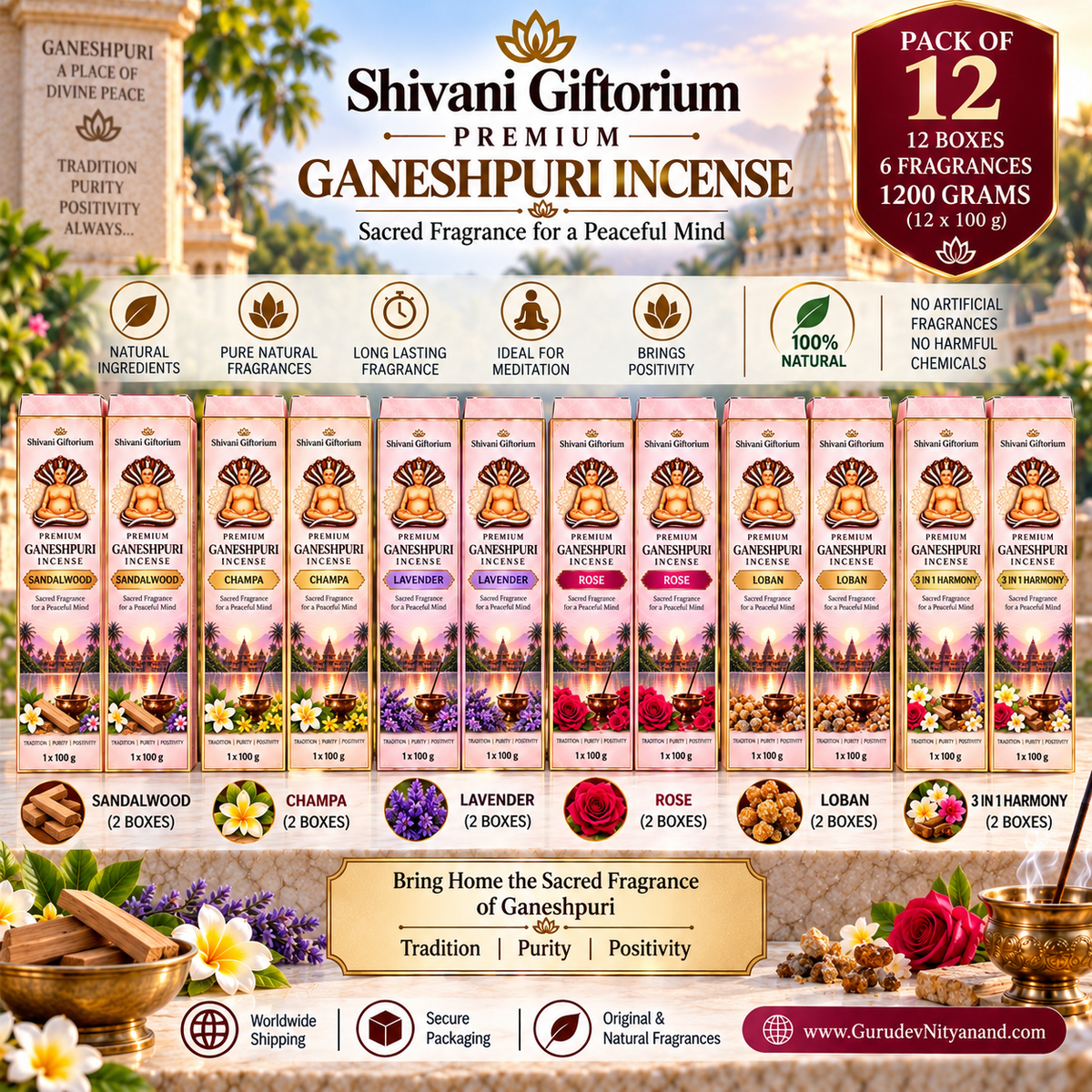 Premium Ganeshpuri Incense Sticks – 6 Fragrance Variety Pack | Sandalwood, Champa, Lavender, Rose, Loban & 3-in-1 Harmony | Pack of 12 (1200g