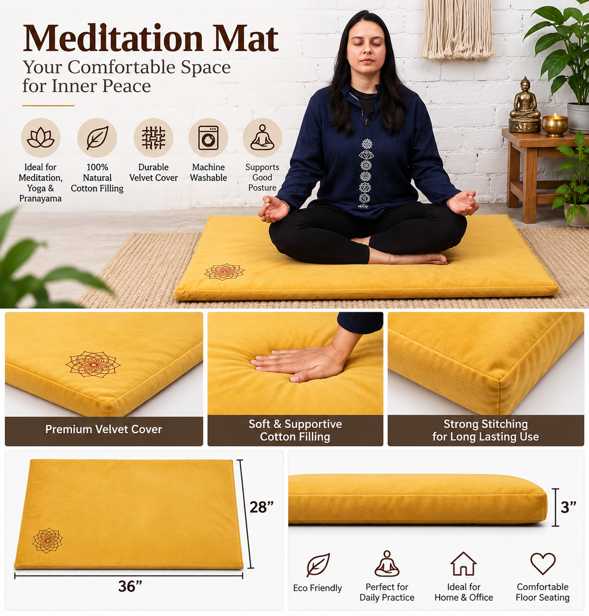 Meditation Mat - Cotton Filled Yoga and Meditation Pad | Meditation Cushion for Kneeling and Sitting Support | Large Rectangular Sitting Floor Pillow |Yellow |