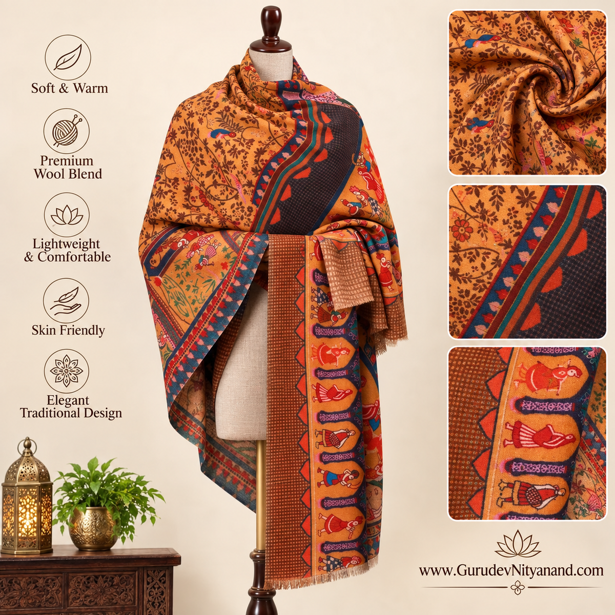Women's 100% Pure Wool Printed Shawl (Size 101X203 CM)