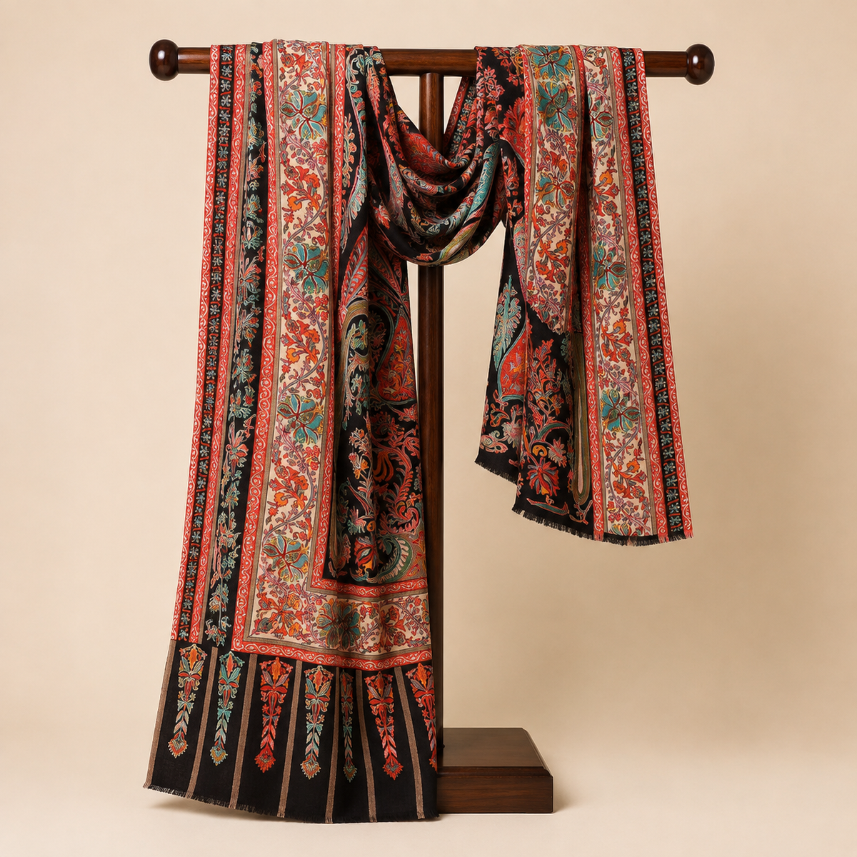 Men & Women Rangkalam 100% Pure Wool Fabric Kalamkari Embroidered Shawl (Size: 101x203 CM)