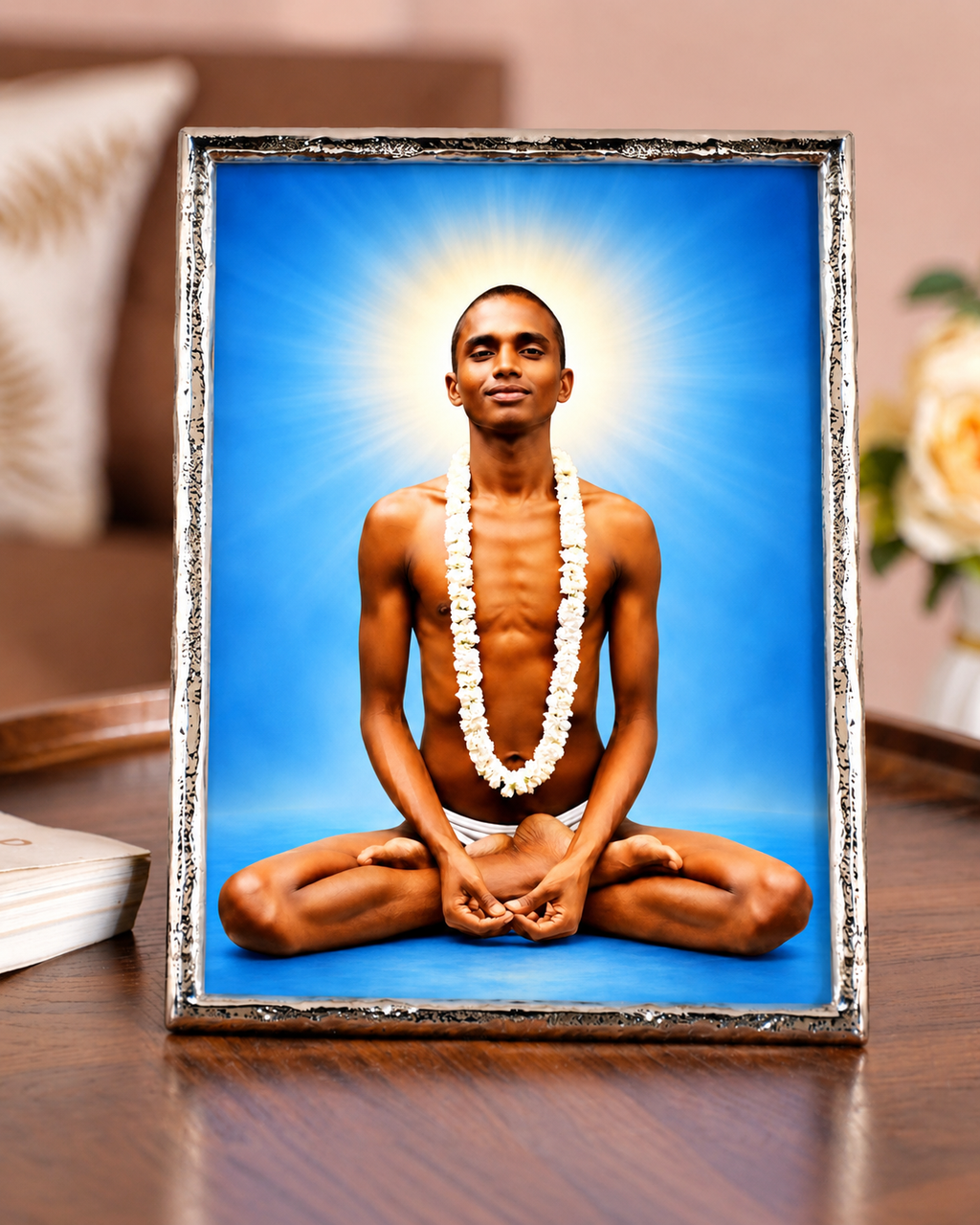 Young Bhagwan Nityanand Silver Photo Frame – 20 × 25 cm | Divine Spiritual Artwork