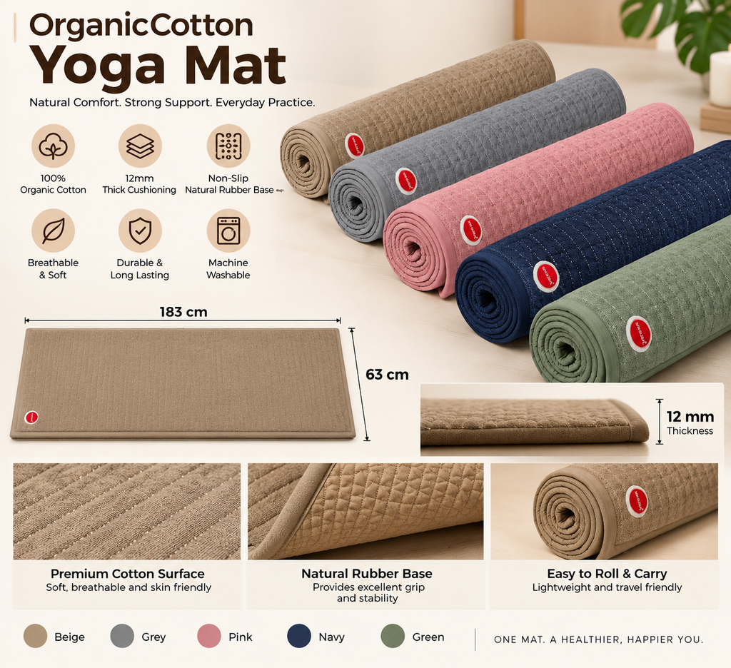 Organic Cotton Yoga Mat for Women & Men | 12mm Thick Non-Slip Exercise Mat for Home Workout, Hot Yoga & Meditation | Free Carry Bag & Hand Towel, Machine Washable (Beige)