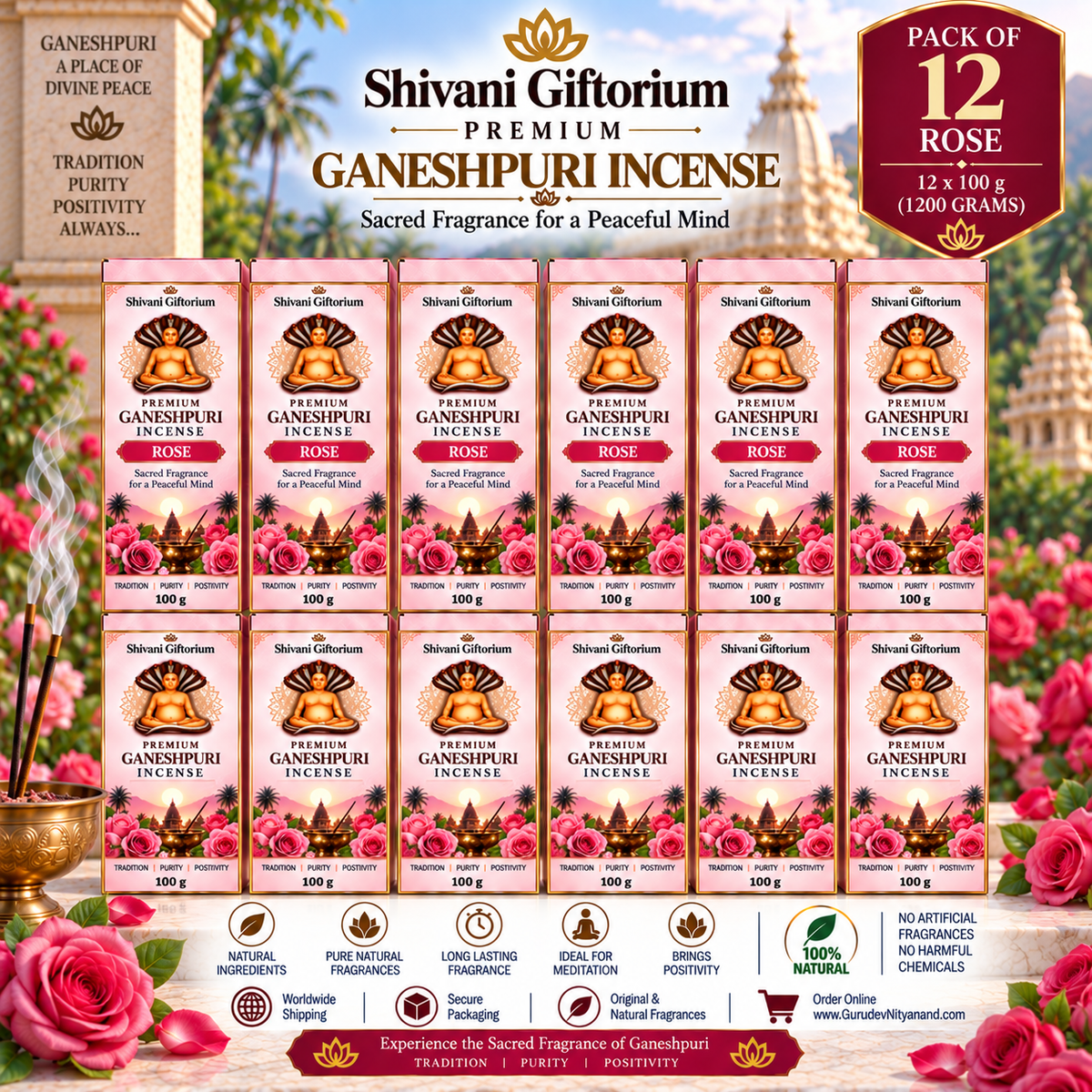Premium Ganeshpuri Rose Incense Sticks – Natural Floral Fragrance | Hand-Rolled Agarbatti | Pack of 12 (1200g)