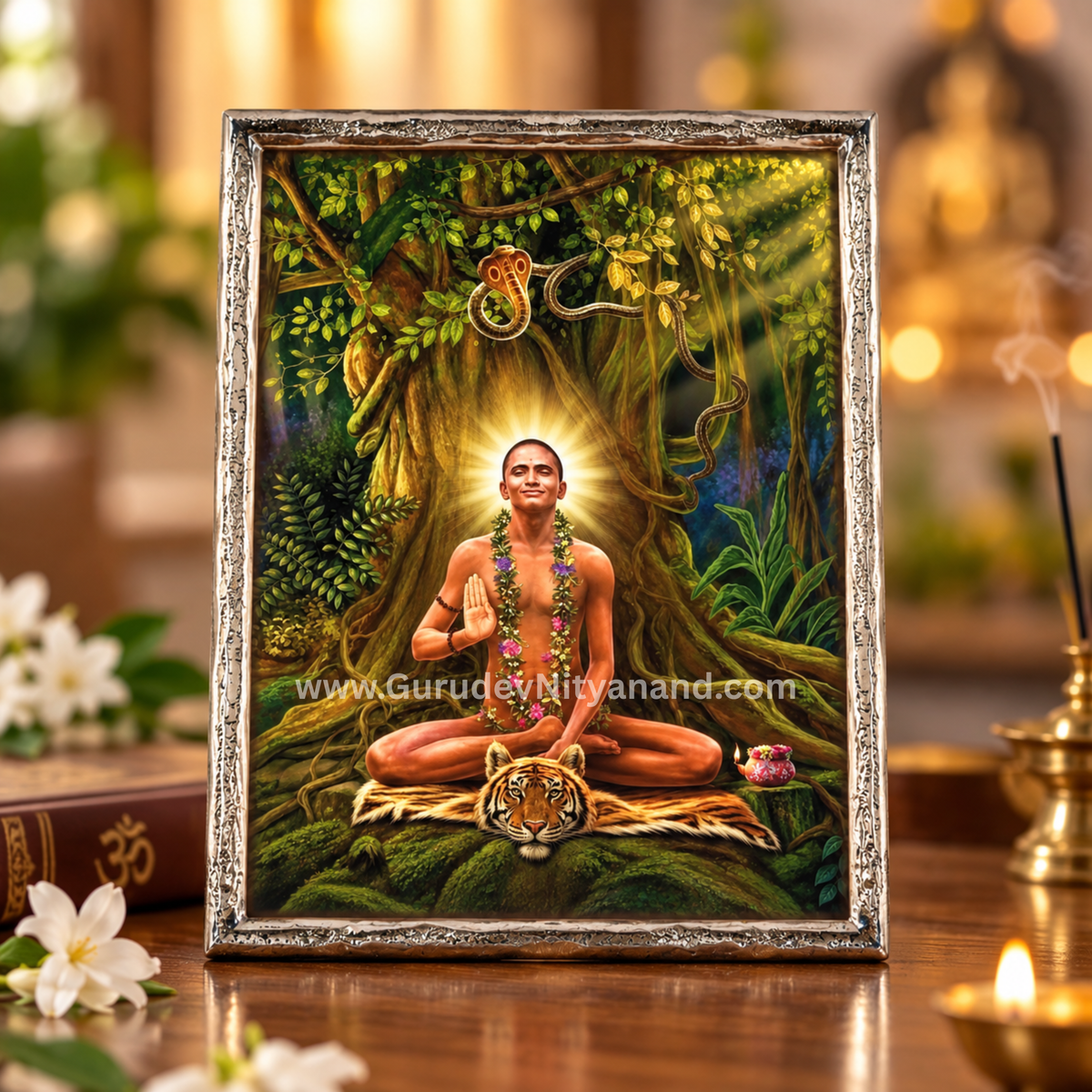 Young Bhagwan Nityanand Silver Photo Frame – 20 × 25 cm | Divine Spiritual Artwork